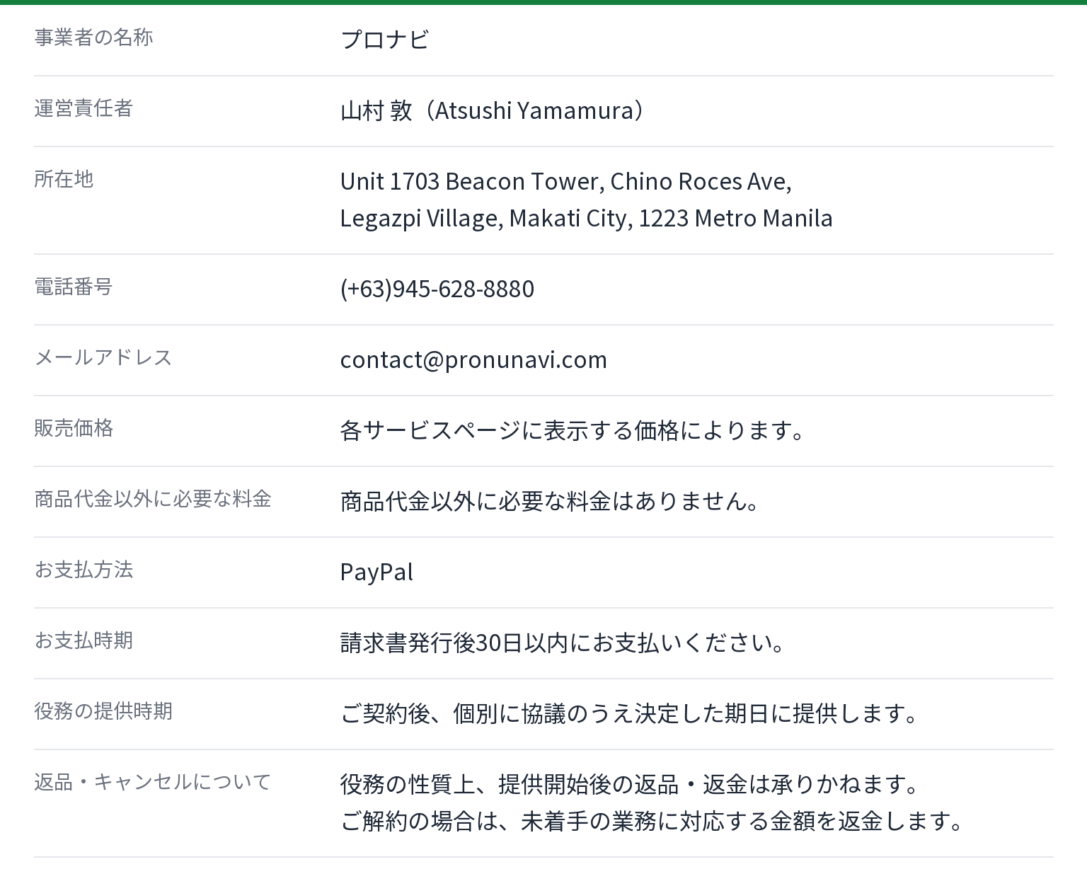プロナビの特定商取引法に基づく表記。運営責任者 山村 敦、所在地 Unit 1703 Beacon Tower, Chino Roces Ave, Legazpi Village, Makati City, 1223 Metro Manila、電話番号 (+63)945-628-8880、メールアドレス contact@pronunavi.com